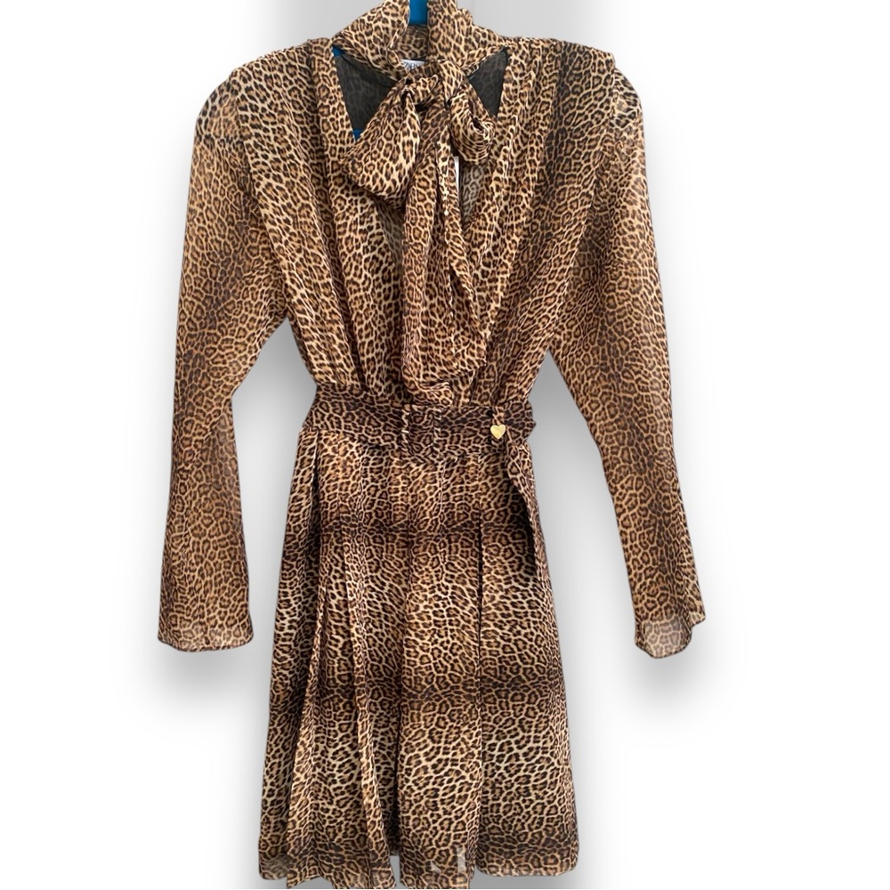 Zara Shear Cheetah Animal Print Front Tie Long Sleeve Mini V Neck Belted Dress - Picture 9 of 12